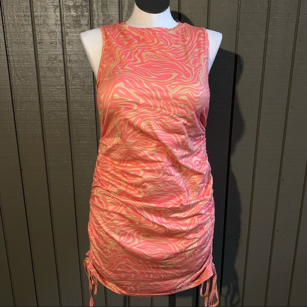 Shein Curve Orange Allover Print Drawstring Ruche… - image 1